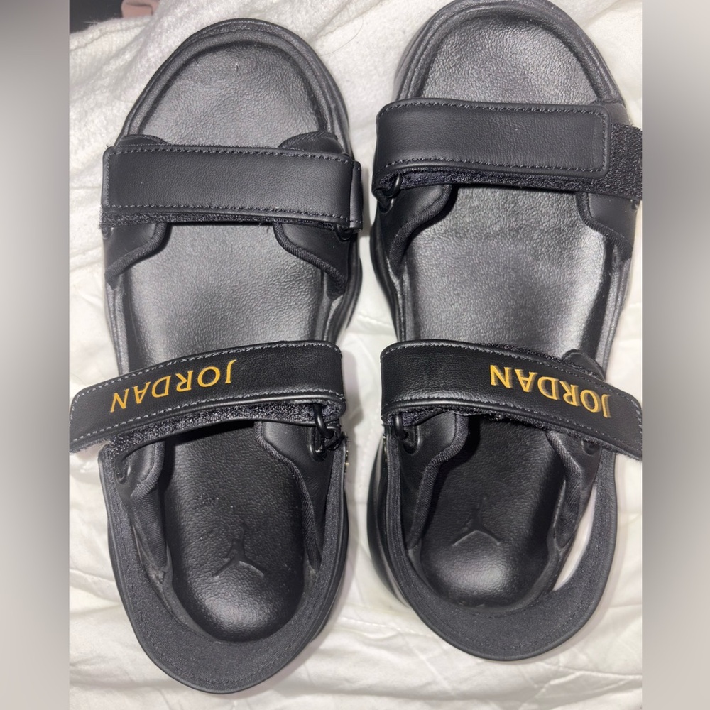 Jordan women Black Sandals with Gold Logo Strap